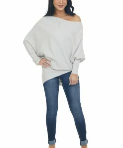 Lime Lush Dove Grey Ribbed Knit Asymmetrical Off The Shoulder Top Tops