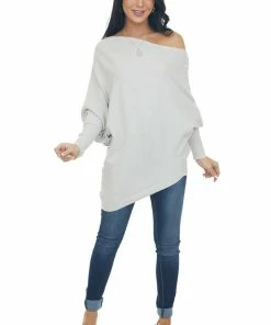 Lime Lush Dove Grey Ribbed Knit Asymmetrical Off The Shoulder Top Tops