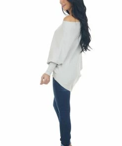 Lime Lush Dove Grey Ribbed Knit Asymmetrical Off The Shoulder Top Tops