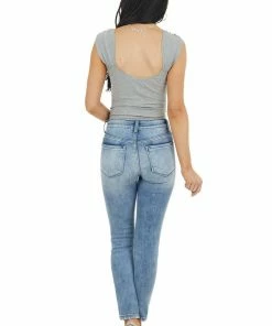 Dress Forum Tops Dove Grey Ribbed Knit Cut Out Bodysuit With Ruching Detail