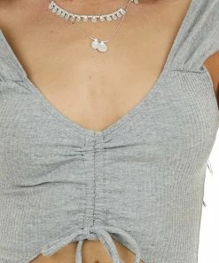 Dress Forum Tops Dove Grey Ribbed Knit Cut Out Bodysuit With Ruching Detail