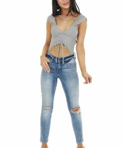 Dress Forum Tops Dove Grey Ribbed Knit Cut Out Bodysuit With Ruching Detail