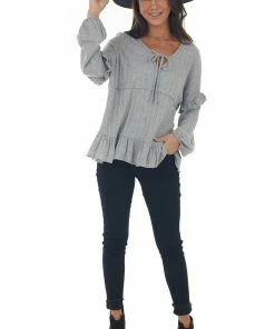 Peach Love Tops Dove Grey Ribbed Knit Long Sleeve Ruffle Top With Front Tie