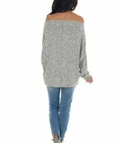 143 Story Dove Grey Snake Print Long Dolman Sleeve Off Shoulder Top Tops