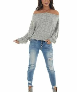 143 Story Dove Grey Snake Print Long Dolman Sleeve Off Shoulder Top Tops