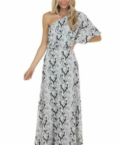 Main Strip Dove Grey Snakeskin Print Woven Maxi Dress With One Shoulder Dresses