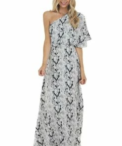 Main Strip Dove Grey Snakeskin Print Woven Maxi Dress With One Shoulder Dresses