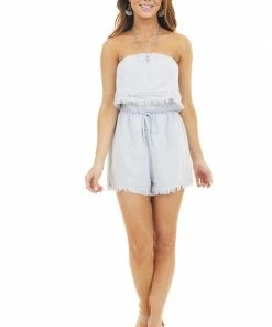 LE LIS Dove Grey Strapless Romper With Frayed Hemline And Tie