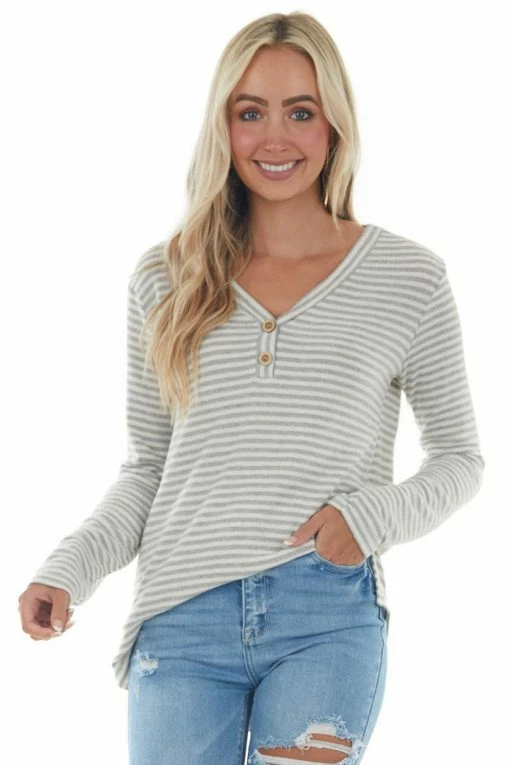 Vanilla Bay Tops Dove Grey Striped Brushed Knit Button Top 6 Vanilla Bay Tops Dove Grey Striped Brushed Knit Button Top