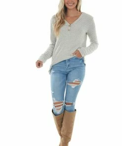 Vanilla Bay Tops Dove Grey Striped Brushed Knit Button Top