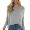 BiBi Tops Dove Grey Two Tone Off The Shoulder Long Sleeve Knit Top