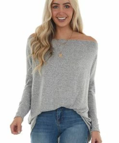 BiBi Tops Dove Grey Two Tone Off The Shoulder Long Sleeve Knit Top