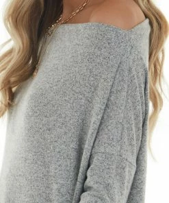 BiBi Tops Dove Grey Two Tone Off The Shoulder Long Sleeve Knit Top 25 BiBi Tops Dove Grey Two Tone Off The Shoulder Long Sleeve Knit Top