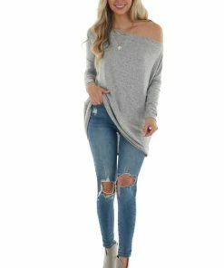 BiBi Tops Dove Grey Two Tone Off The Shoulder Long Sleeve Knit Top 22 BiBi Tops Dove Grey Two Tone Off The Shoulder Long Sleeve Knit Top