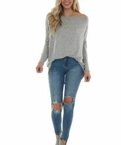 BiBi Tops Dove Grey Two Tone Off The Shoulder Long Sleeve Knit Top 19 BiBi Tops Dove Grey Two Tone Off The Shoulder Long Sleeve Knit Top