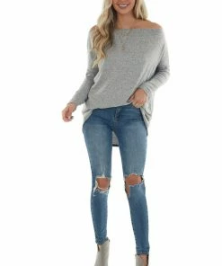 BiBi Tops Dove Grey Two Tone Off The Shoulder Long Sleeve Knit Top 20 BiBi Tops Dove Grey Two Tone Off The Shoulder Long Sleeve Knit Top