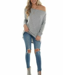 BiBi Tops Dove Grey Two Tone Off The Shoulder Long Sleeve Knit Top 21 BiBi Tops Dove Grey Two Tone Off The Shoulder Long Sleeve Knit Top