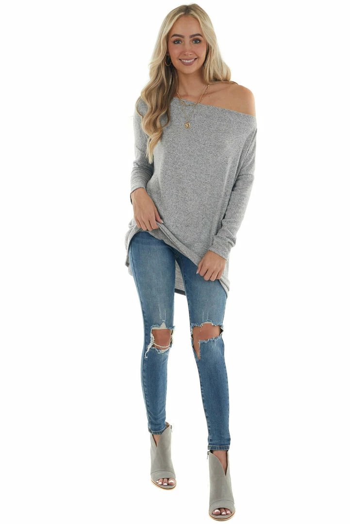 BiBi Tops Dove Grey Two Tone Off The Shoulder Long Sleeve Knit Top 6 BiBi Tops Dove Grey Two Tone Off The Shoulder Long Sleeve Knit Top