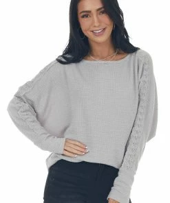 143 Story Dove Grey Waffle Knit Dolman Lace Sleeve Top