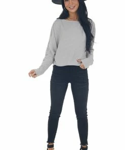 143 Story Dove Grey Waffle Knit Dolman Lace Sleeve Top