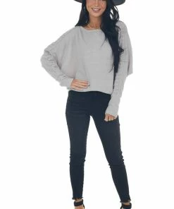 143 Story Dove Grey Waffle Knit Dolman Lace Sleeve Top