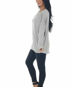 143 Story Dove Grey Waffle Knit Dolman Lace Sleeve Top