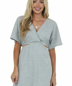 Davi & Dani Dove Grey Waist Cut Out Crinkle Knit Mini Dress