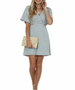 Davi & Dani Dove Grey Waist Cut Out Crinkle Knit Mini Dress