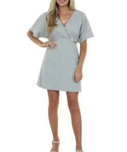 Davi & Dani Dove Grey Waist Cut Out Crinkle Knit Mini Dress