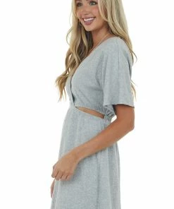 Davi & Dani Dove Grey Waist Cut Out Crinkle Knit Mini Dress