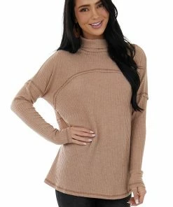 143 Story Tops Dusty Apricot Turtleneck Ribbed Knit Top