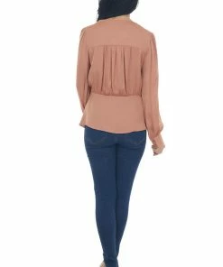 NAKED ZEBRA Tops Dusty Apricot V Neck Drop Waist Satin Blouse