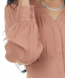 NAKED ZEBRA Tops Dusty Apricot V Neck Drop Waist Satin Blouse