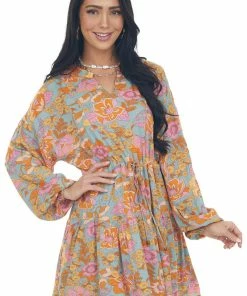 Entro Dusty Arctic Blue Floral Print Peasant Dress Dresses