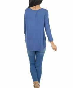 Cherish Dusty Blue 3/4 Sleeve Top With Caged Neckline Detail 21 Cherish Dusty Blue 3/4 Sleeve Top With Caged Neckline Detail