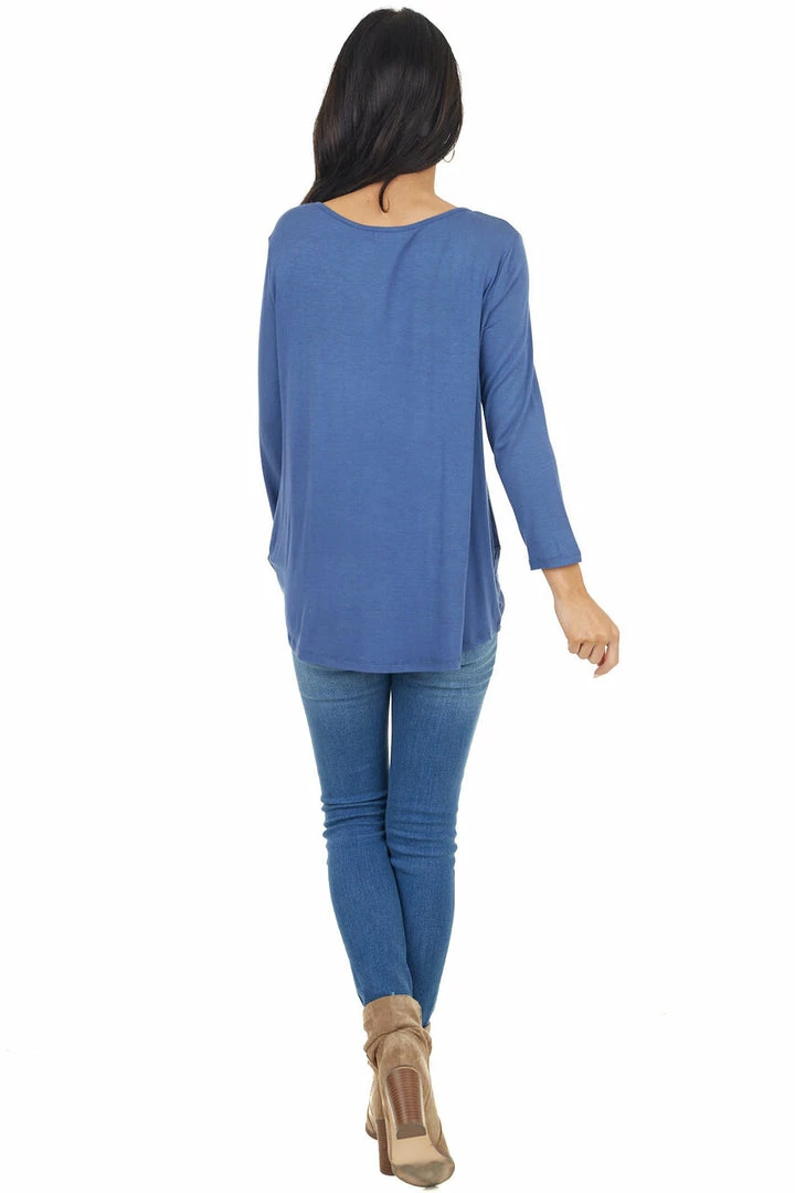 Cherish Dusty Blue 3/4 Sleeve Top With Caged Neckline Detail 8 Cherish Dusty Blue 3/4 Sleeve Top With Caged Neckline Detail