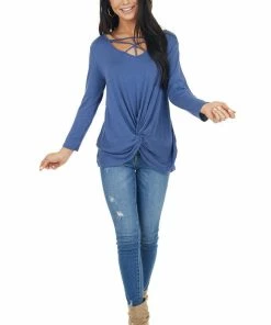 Cherish Dusty Blue 3/4 Sleeve Top With Caged Neckline Detail 18 Cherish Dusty Blue 3/4 Sleeve Top With Caged Neckline Detail