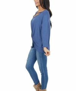 Cherish Dusty Blue 3/4 Sleeve Top With Caged Neckline Detail 20 Cherish Dusty Blue 3/4 Sleeve Top With Caged Neckline Detail