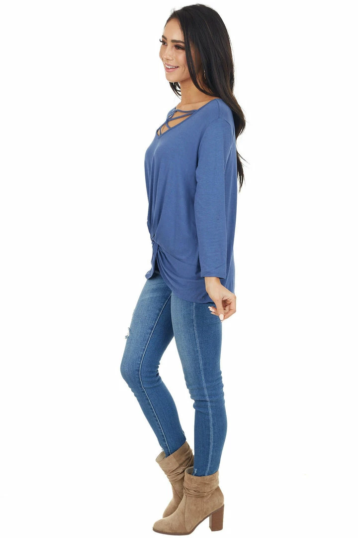 Cherish Dusty Blue 3/4 Sleeve Top With Caged Neckline Detail 7 Cherish Dusty Blue 3/4 Sleeve Top With Caged Neckline Detail