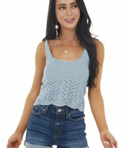 HYFVE Dusty Blue Cropped Crochet Knit Tank Top With Scalloped Hem