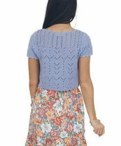 HYFVE Dusty Blue Cropped Crochet Knit Tie Cardigan