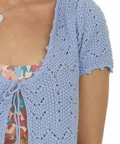 HYFVE Dusty Blue Cropped Crochet Knit Tie Cardigan