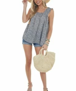 Jodifl Tops Dusty Blue Ditsy Floral Ruffle Strap Tank Top 14 Jodifl Tops Dusty Blue Ditsy Floral Ruffle Strap Tank Top