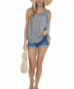 Jodifl Tops Dusty Blue Ditsy Floral Ruffle Strap Tank Top 15 Jodifl Tops Dusty Blue Ditsy Floral Ruffle Strap Tank Top