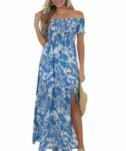 Eesome Dusty Blue Floral Print Off Shoulder Maxi Dress