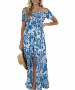 Eesome Dusty Blue Floral Print Off Shoulder Maxi Dress