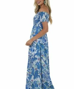 Eesome Dusty Blue Floral Print Off Shoulder Maxi Dress