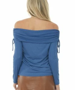 BiBi Dusty Blue Folded Off The Shoulder Ribbed Top