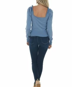 Style Melody Dusty Blue Frill Trim Puff Shoulder Sweater Tops 26 Style Melody Dusty Blue Frill Trim Puff Shoulder Sweater Tops