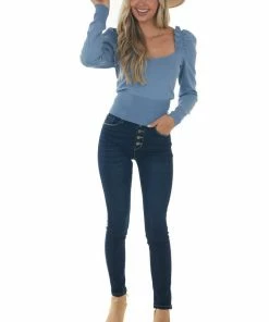 Style Melody Dusty Blue Frill Trim Puff Shoulder Sweater Tops 22 Style Melody Dusty Blue Frill Trim Puff Shoulder Sweater Tops